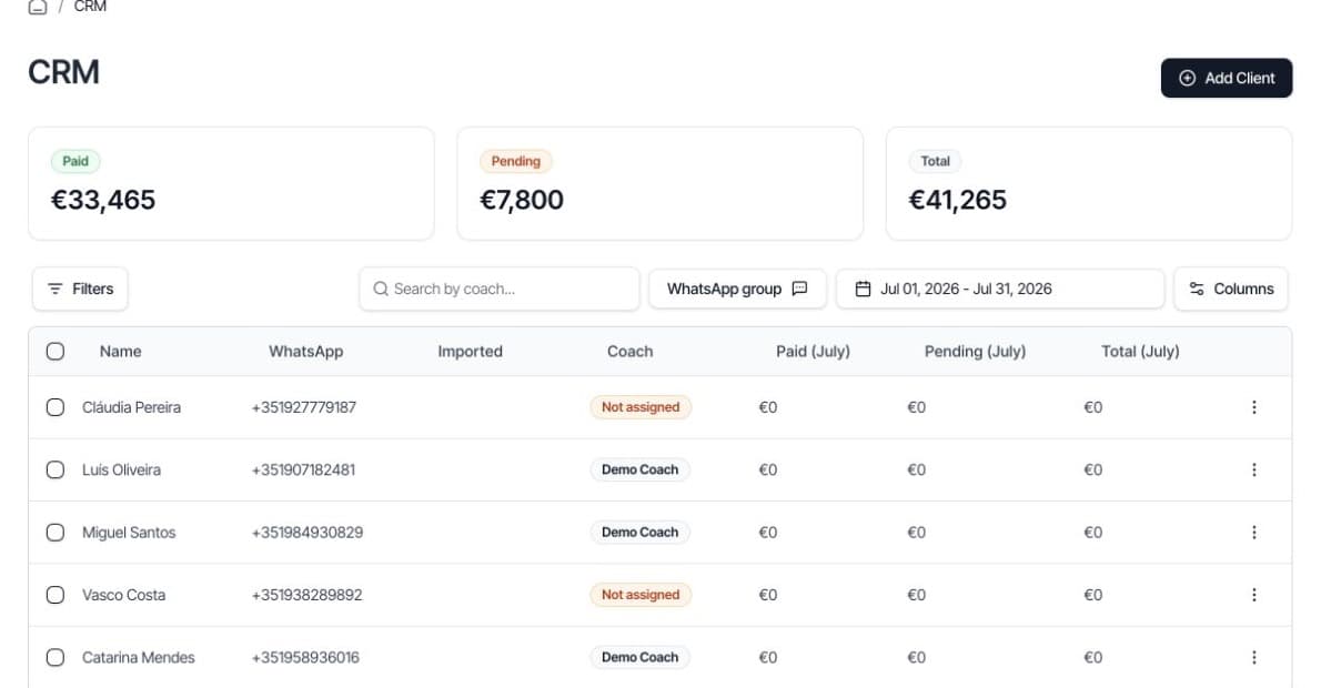 PadelEco CRM screen with paid, pending, and total payments for the month